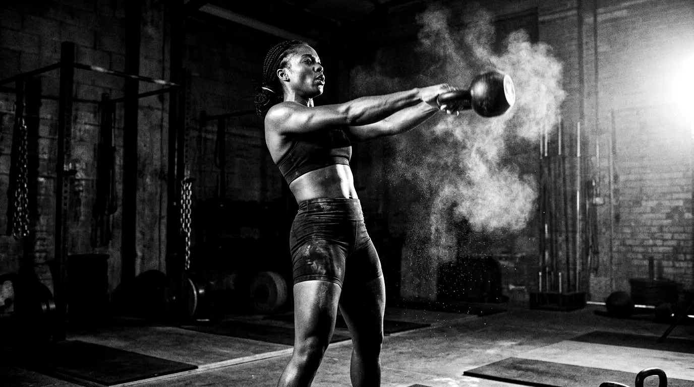 Athlete swinging a kettlebell