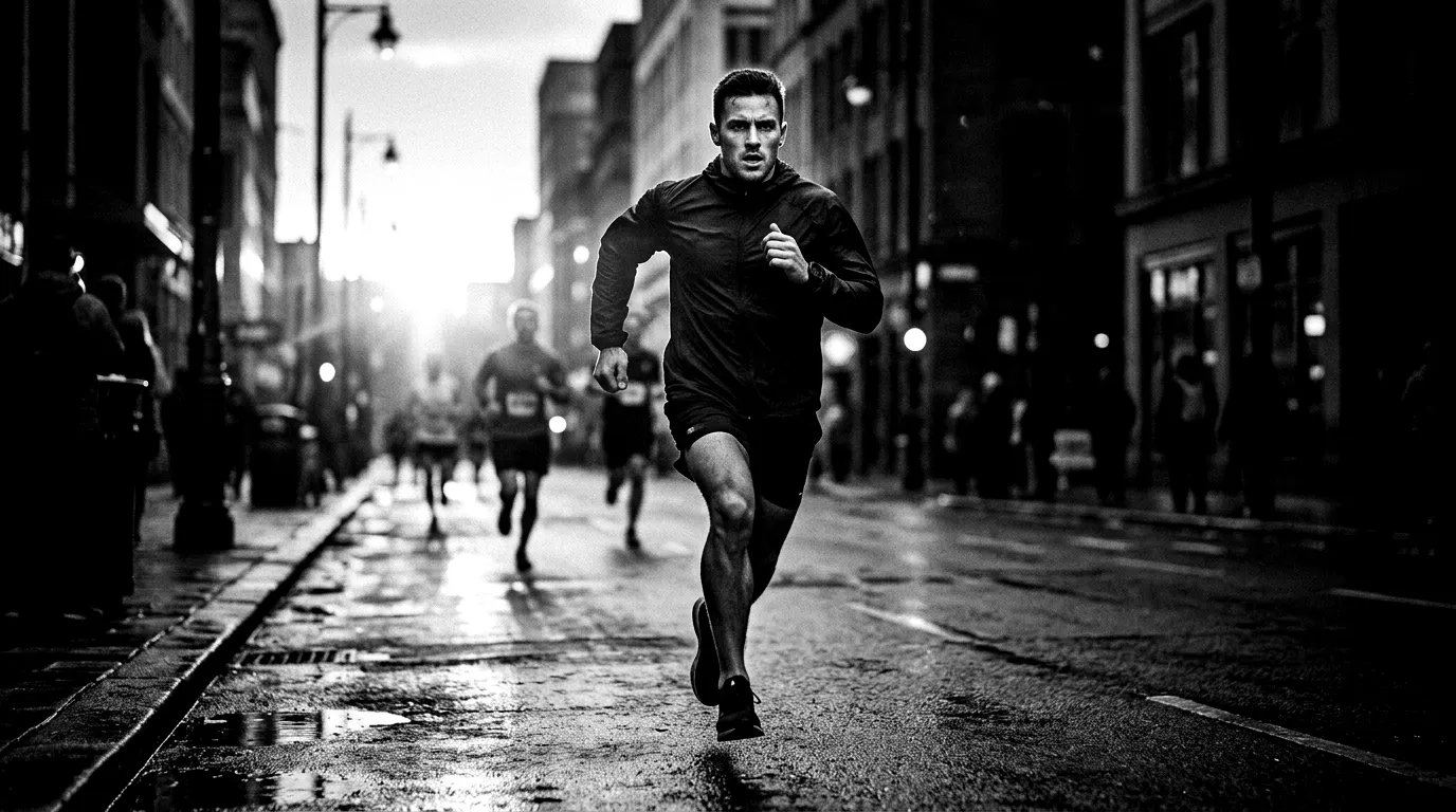 Runner sprinting down a city street