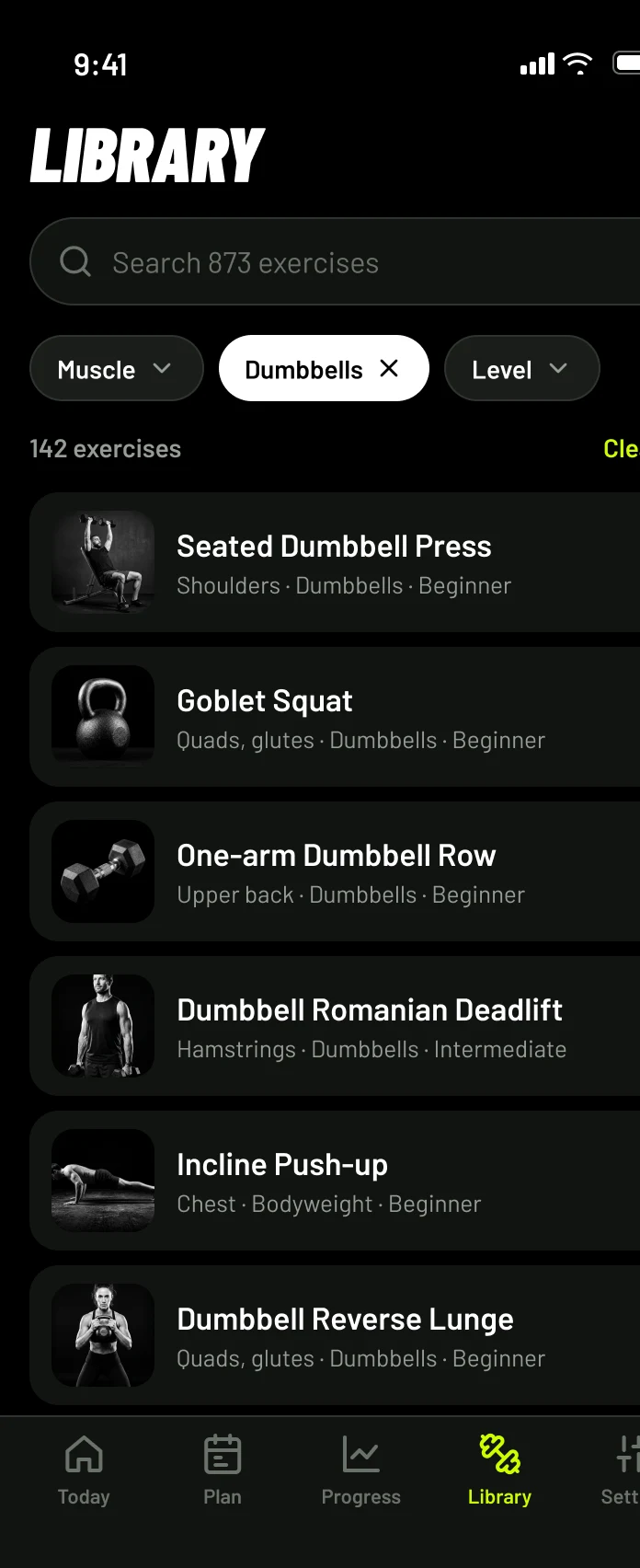 HeroForm Library screen with exercise list and filters
