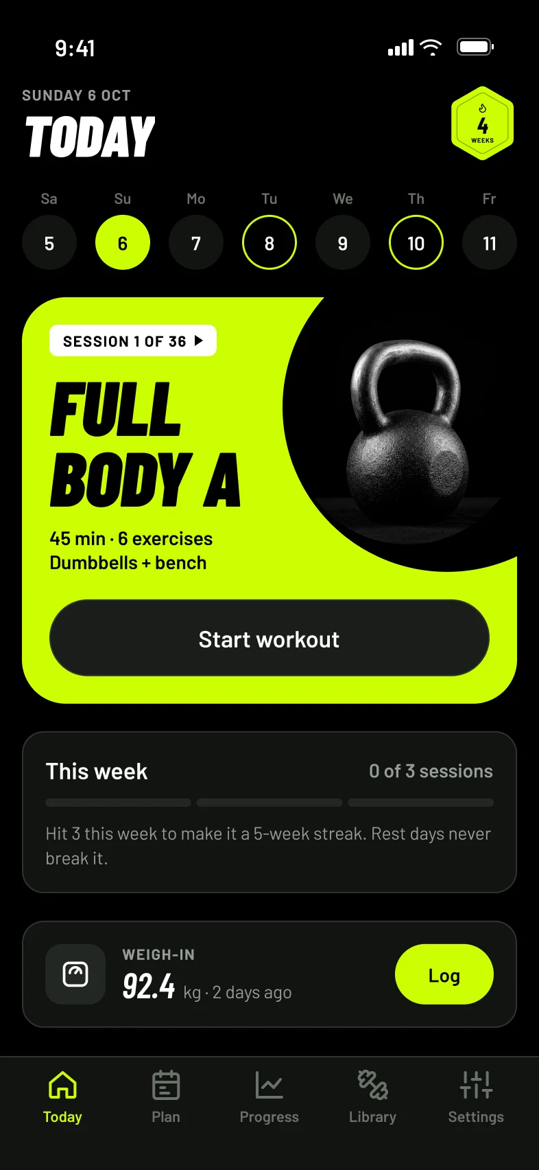 HeroForm Today screen with the next session, week strip and weekly target